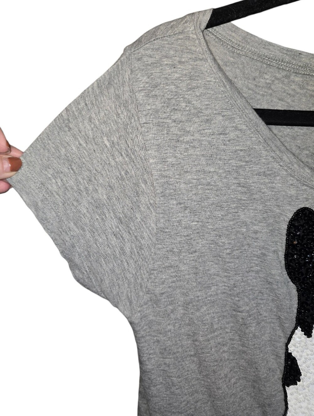 French Connection Sequin Beaded French Bulldog Graphic Cap Sleeve Tee Grey XS - Picture 2 of 8